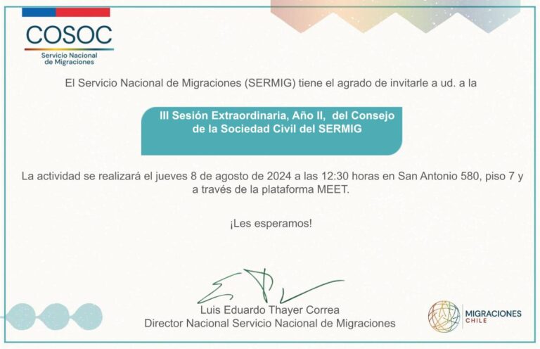 Invitación a la Tercera Sesión Extraordinaria del COSOC, año II, que se realizará el jueves 8 de agosto de 2024.