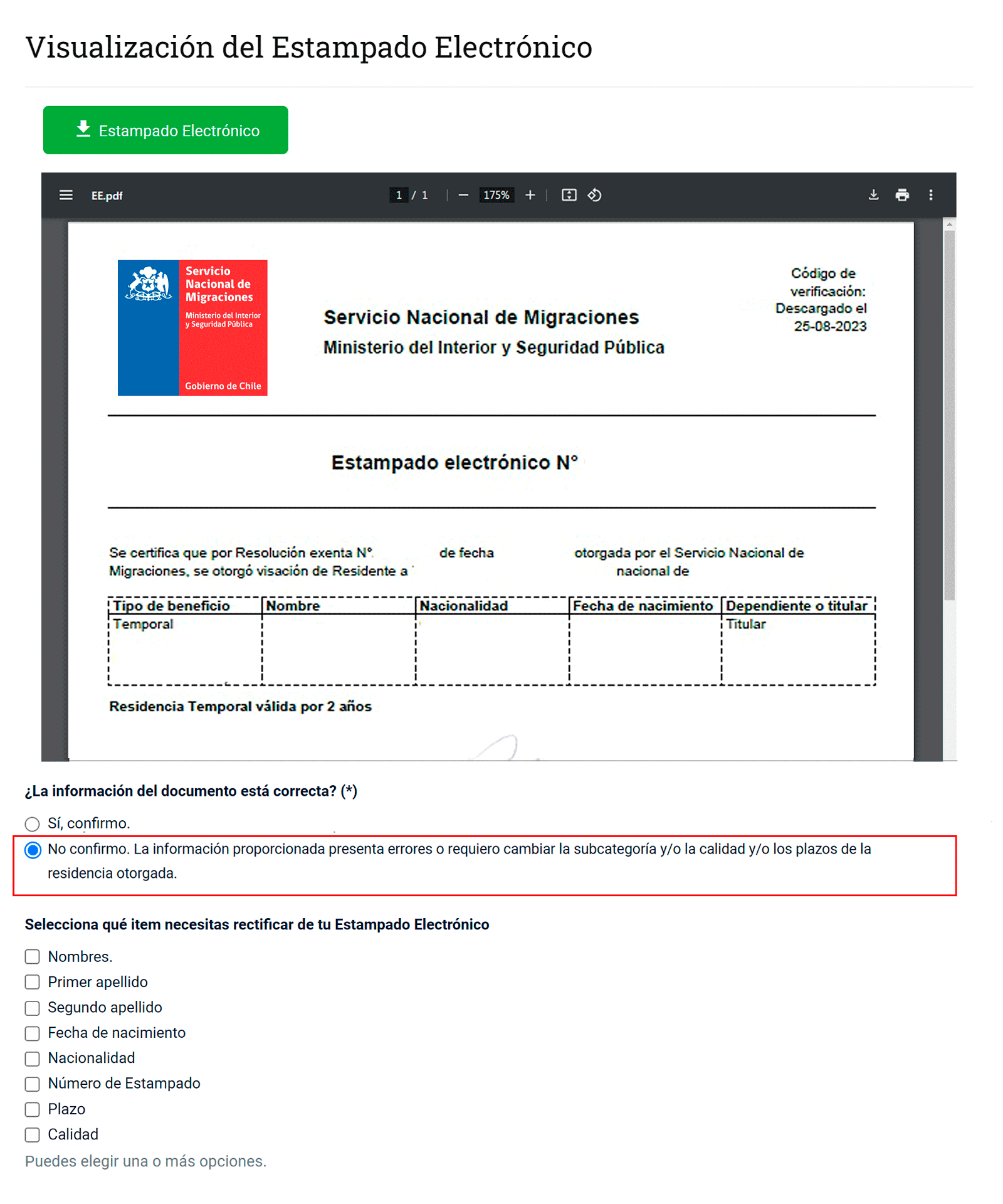 Rectificación de Residencia Temporal otorgada en Portal de Trámites de SERMIG.