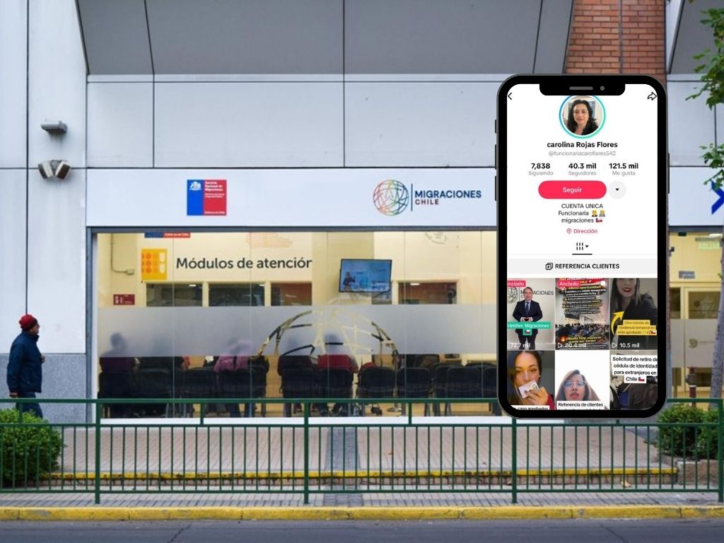 Oficina del Servicio Nacional de Migraciones con una imagen al acostado que hace referencia a las cuentas que estafan